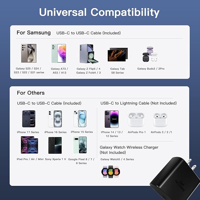 Type C Charger Fast Charging 2Pack USB C Super Fast Charger Block with 6FT USB-C Android Phone Cable for Samsung Galaxy S26 +/Ultra S25 S24 S23 S22 +/Ultra/ S21 S20/Tab S9/iPhone 17/16/15 and More