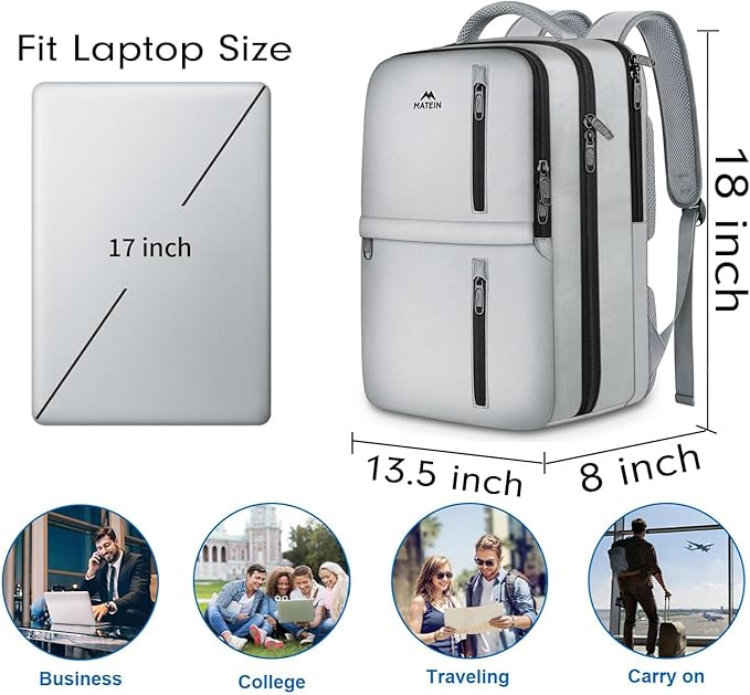 MATEIN Travel Backpack for Women & Men, Airline Approved Carry on Backpack for Airplanes with Shoe Compartment, Large Personal Item Travel Bag fits 17" Laptop, Water Resistant Weekender Daypack, Gray