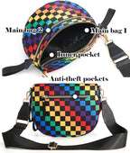 Black and White Checkered Crossbody Bag Bum Bag for Women,Spacious Checkered Purse Fanny Packs Belt Bag