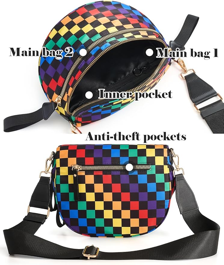 Black and White Checkered Crossbody Bag Bum Bag for Women,Spacious Checkered Purse Fanny Packs Belt Bag
