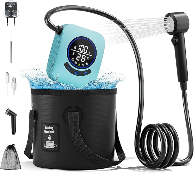 8000mAh Portable Camping Shower, Upgrade Rechargeable Electric Shower Pump with 5 Gallon Bucket, Intelligent LED Display,Portable Shower for Outdoor