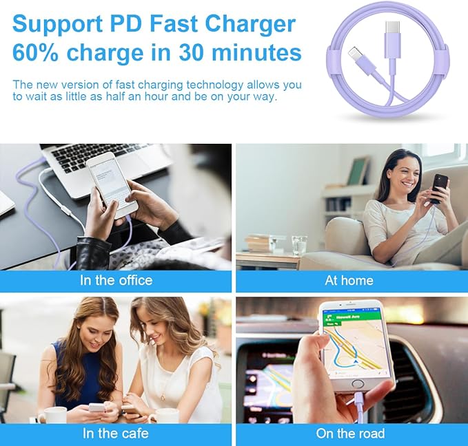 iPhone Fast Charger 3+3Pack 20W USB C Wall Charger with 10FT Fast Charging Cable Compatible with iPhone 14/13/12/11/Pro/Pro Max-Purple