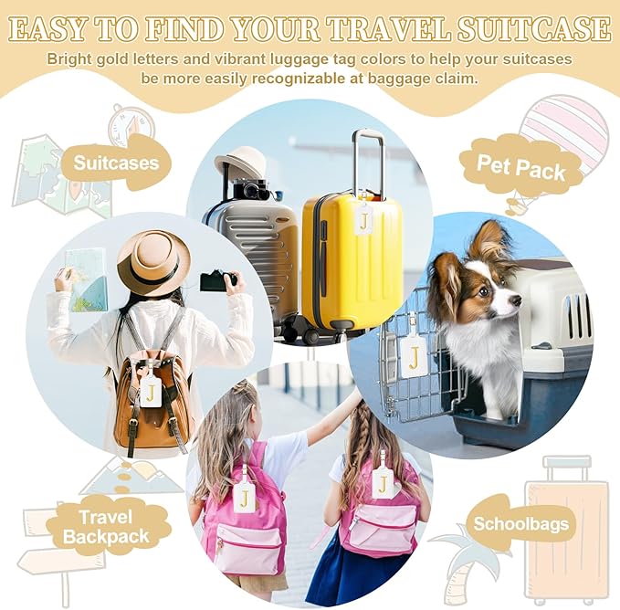 Personalized Initial Luggage Tags for Suitcase TSA Approved, White Leather Cute Luggage Tag with Privacy Cover Name Card, Embroidered Custom Luggage Tags Travel Baggage Tags Gifts for Women Kids(J)