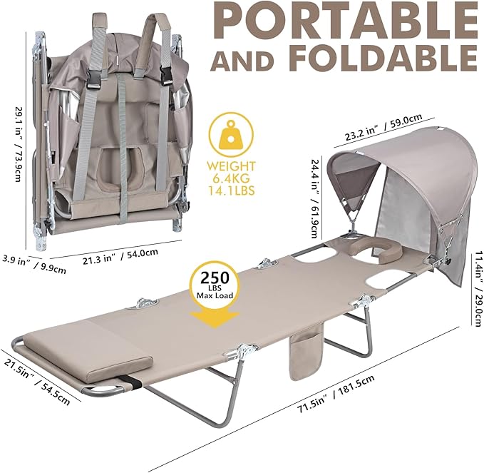 Backpack Beach Tanning Chair with Canopy and Face Hole, 6-Position Folding Lay Out Lounge Chair, UPF 50+ Wind-Resistant Sun Shade, Portable Recliner for Sunbathing, Outside, Poolside, Lawn, 2Pack