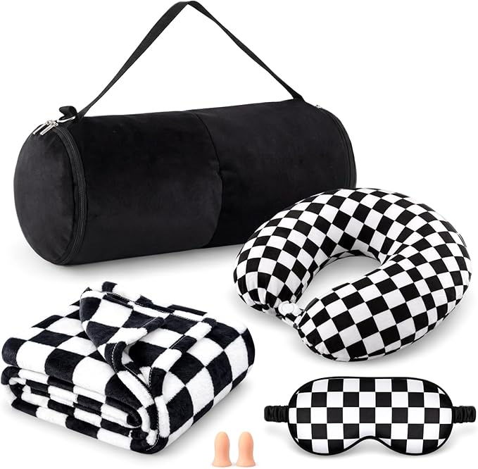 HunnmingRe 5 Pcs Travel Pillow and Blanket Set, 5 in 1 Travel Airplane Compact Includes 40 x 60 Inch Throw Blanket Eye Mask Neck Pillow Earplug and Bag Gifts for Travelers Women(Checkered,Black)