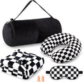 HunnmingRe 5 Pcs Travel Pillow and Blanket Set, 5 in 1 Travel Airplane Compact Includes 40 x 60 Inch Throw Blanket Eye Mask Neck Pillow Earplug and Bag Gifts for Travelers Women(Checkered,Black)