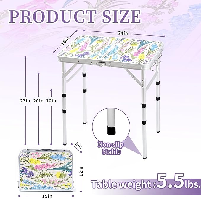 Folding Camping Table 2ft Portable Picnic Table Adjustable Height, Small Lightweight Aluminum Foldable Card Table,Hands-Free Carry for Outdoor Camp BBQ Beach (Blooming Floral with Shoulder Strap)