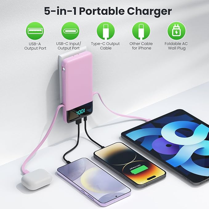 Portable Charger with Built-in AC Plug and Cables,13800mAh All in One USB C Fast Charging Power Bank,Travel Essentials Portable Phone Charger Battery Pack for iPhone 17/16/15/14/13,Galaxy,Android-Pink