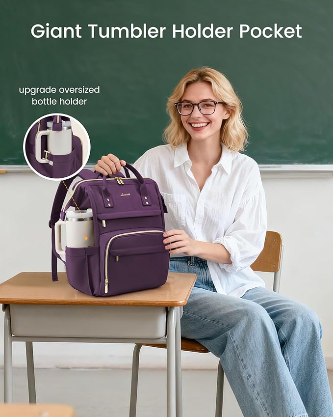 LOVEVOOK Laptop Backpack for Women with Giant Tumbler Holder Pocket,18 inch Waterproof Travel Backpack Purse Computer Laptop Bag,Professional Work College Nurse Teacher Backpack Daypack,Rose Purple