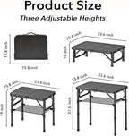 YihuiKo Small Folding Camping Table with Storage Net, 3 Adjustable Heights Foldable Table Lightweight & Portable with Carry Handle for Outdoor Indoor, Pure Black