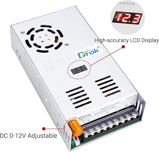 DROK 12V Power Supply, AC 110V 220V to DC 0-12V 40A 480W Buck Converter, Adjustable Variable LED Adapter Regulated 5V 6V 9V 12Volt Voltage Transformer 10A 20A 30A 40Amp Charger for Lab CCTV