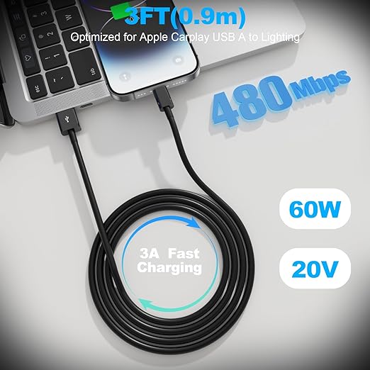 Snisre Car Carplay Cable, USB A to Lightning Cable 3FT Compatible with iPhone 14 13 12 11 Pro Max XR XS X Charger Cord，Car Charging Cord（Black）