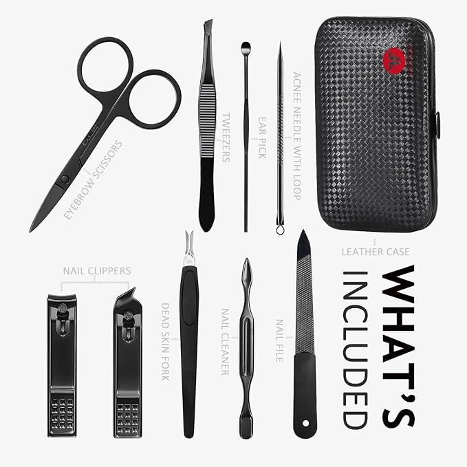 HANTEKAS Manicure Set 9 in 1 Stainless Steel, Nail Clippers Scissors Pedicure Tools Kit - Portable Travel Grooming Kit for Men and Women with Black/Red Leather Case (Red)