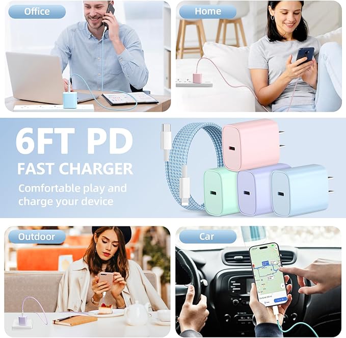 Phone Charger Fast Charging, 4 Pack 20W USB C Wall Charger Block with 6FT Charging Cable Type C Fast Charge Block Compatible with Phone 14/14 Pro Max/13/13 Pro/12/12 Pro/11/11 Pro/XS, Pad and More