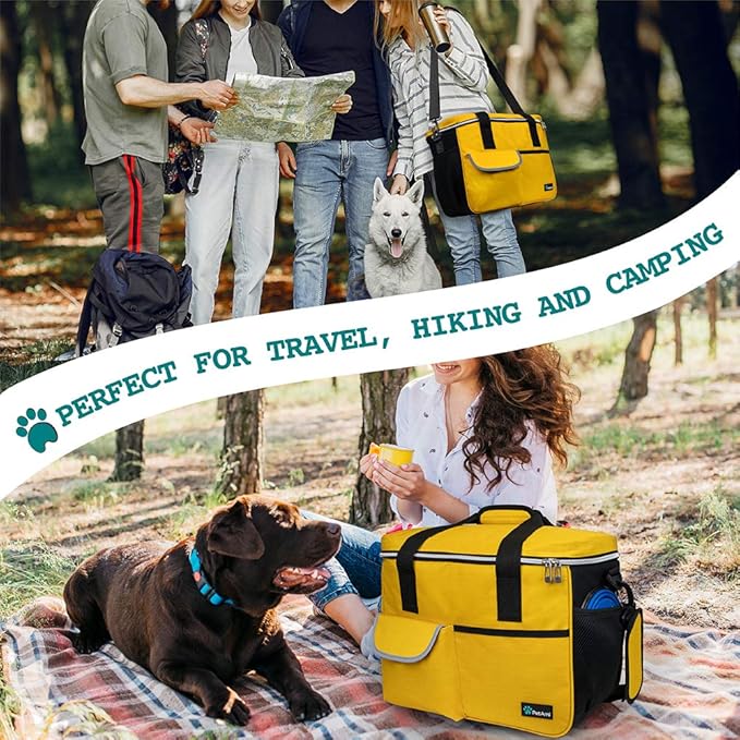 PetAmi Dog Travel Bag, Travel Pet Bag Organizer, Dog Food Travel Bag with Container Collapsible Bowls, Pet Travel Supplies Gift Accessories for Weekend Camping, Puppy Cat Diaper Bag, Yellow Medium