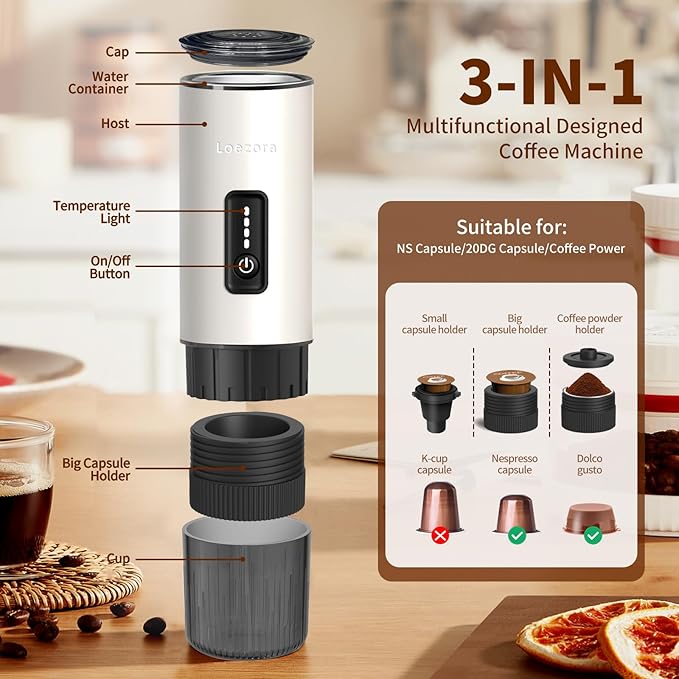 Portable Espresso Maker, 20Bar Rechargeable Wireless Stainless Steel, 3-in-1 for Nespresso & Ground Coffee, Self-Heating Travel Coffee Machine for Camping Office (White)