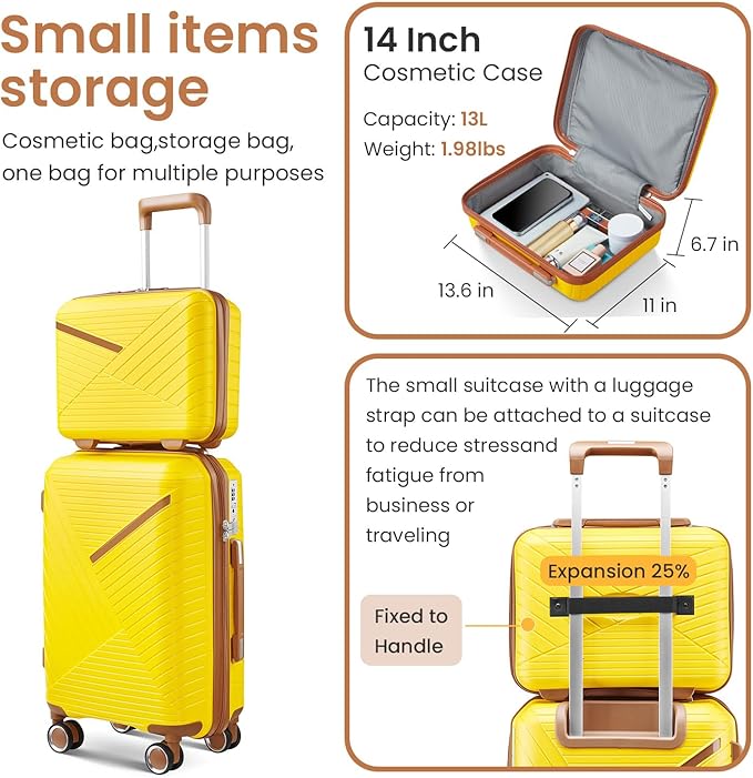 4 Piece Luggage Set, Hardside Expandable Lightweight Suitcase with 360° Mute Spinner Wheels Luggage Sets, TSA Lock, 14/20/24/28 Inch Travel Luggage for Men, Women and Girls (Yellow)