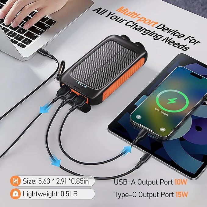 Solar Phone Charger 20000mAh Portable Power Bank with 15W USB-A and USB-C Orange Battery Pack Compatible with iPhone, iPad, Samsung, Built-in 2 LED Emergency Flashlights Perfect for Camping, Travel