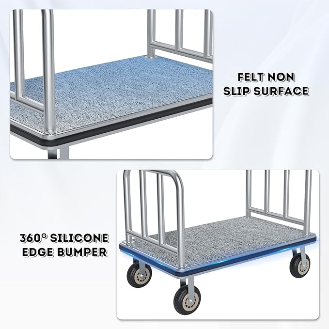 Hotel Luggage Cart, 900LBS Load Capacity Bellman's Cart with 8" Wheels, Brushed Stainless Steel Commercial Grade Hotel Luggage Trolley with Grey Carpeted Deck for Hotels (42''L x 25''W x 38''H)