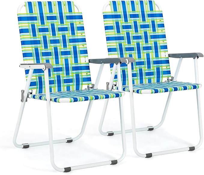 VINGLI Patio Lawn Webbed Folding Chairs Set of 4, Outdoor Beach Chair Portable Dining Chair for ir for Outdoor Yard, Garden(Blue, Classic)