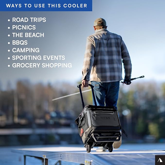 Titan by Arctic Zone Collapsible Wheeled Soft Sided Cooler with Detachable Rolling AT Cart, Insulated Bag with Leak Proof Lining, for Travel, Beach, Picnic, 60 Can Capacity