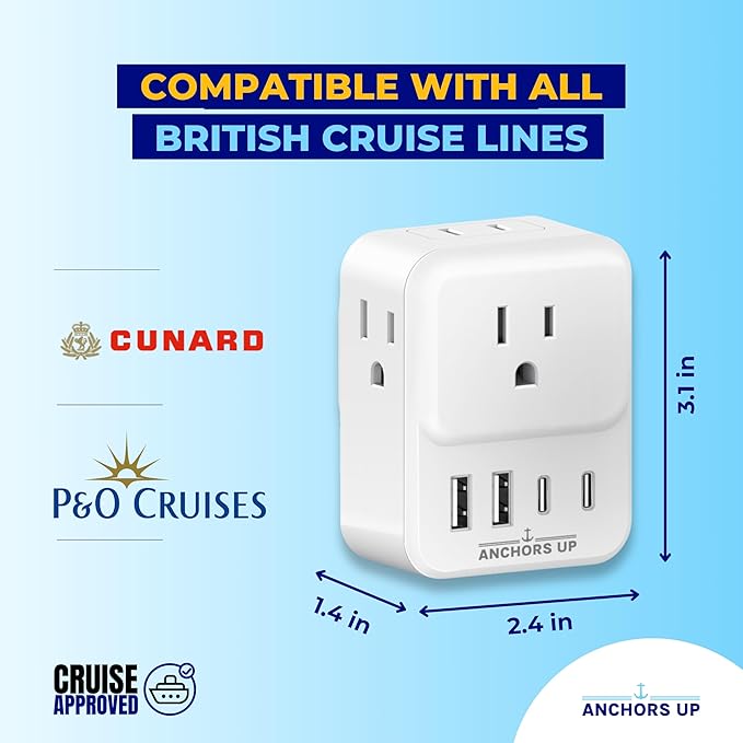 Cruise Approved UK Plug Travel Adapter for Cruise Ships – Non Surge 8-in-1 Multi Plug Extender with 4 AC Outlets, 2 USB & 2 USB-C Ports – Compact Cruise Essential for Cunard, P&O & More