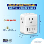 Cruise Approved UK Plug Travel Adapter for Cruise Ships – Non Surge 8-in-1 Multi Plug Extender with 4 AC Outlets, 2 USB & 2 USB-C Ports – Compact Cruise Essential for Cunard, P&O & More