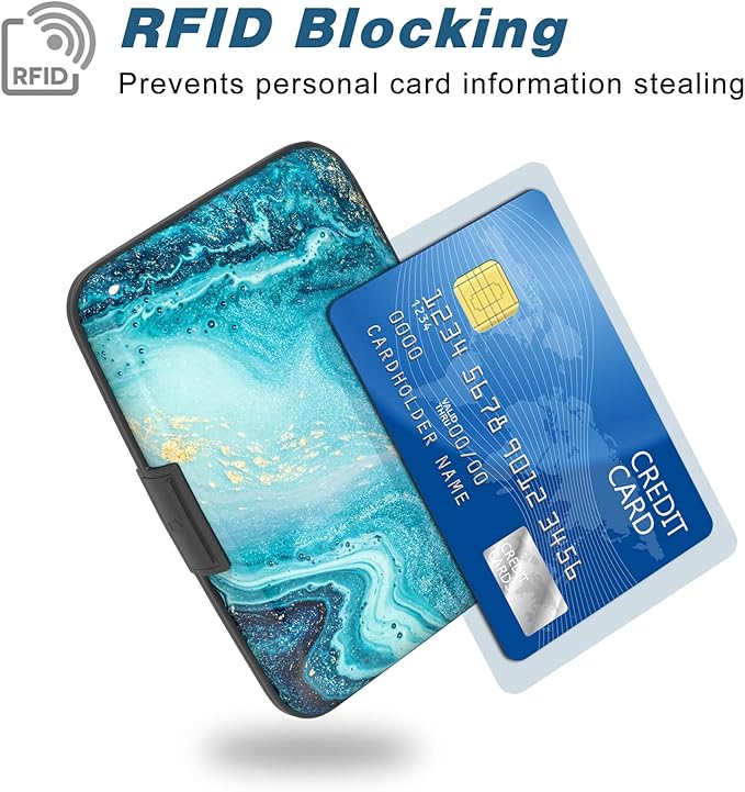 Credit Card Holder, Mini Aluminum Card Wallet RFID Blocking Slim Metal Hard Card Case for Women Men, Blue Ocean Marble