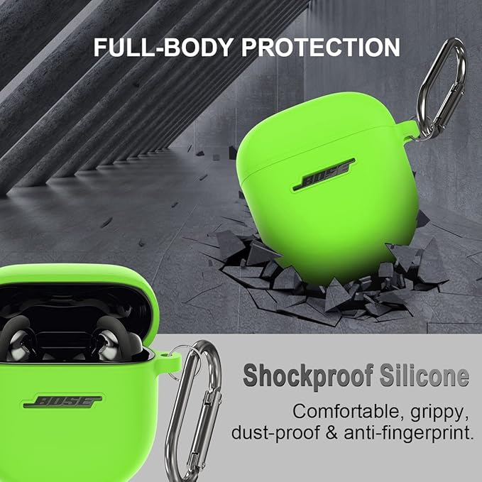 Silicone Case for Bose QuietComfort Earbuds II (2022) & QuietComfort Ultra (2023), Shockproof Protective Cover with Keychain for Men Women (Green)