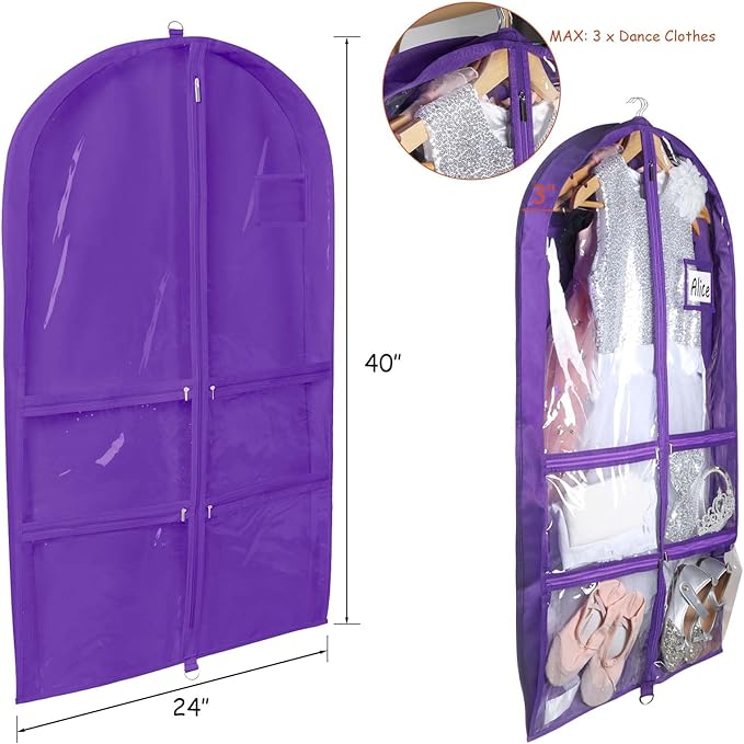 Syeeiex Clear Dance Costume Garment Bag with 3" Gussetes(2 Pack), 40'' Garment Bags for Dance Costumes, Kids Dance Garment Bag with 4 Medium Zippered Pocket - Suitable for Dance Competitions(Purple)