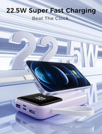 Power Bank, 15000mAh Portable Charger with Built in Cable, 22.5W Fast Charging, 6 Outputs, Slim Travel Essential Battery Pack with LED Display, Compatible with iPhone 17/16/15/14/13, iPad Purple