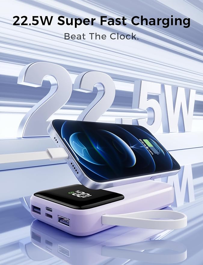 Power Bank, 15000mAh Portable Charger with Built in Cable, 22.5W Fast Charging, 6 Outputs, Slim Travel Essential Battery Pack with LED Display, Compatible with iPhone 17/16/15/14/13, iPad Purple