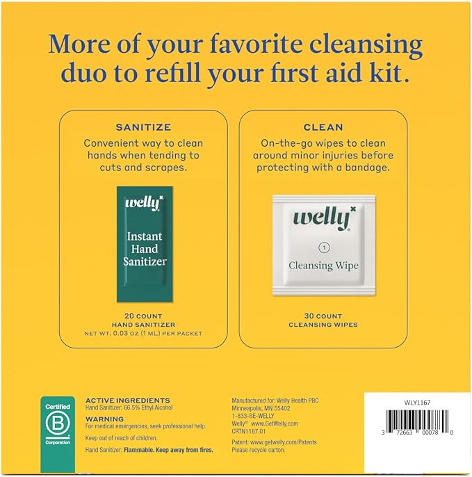 Welly First Aid Kit Refill Clean Carton 50ct | Individually wrapped Hand Sanitizer and Cleansing Wipes |