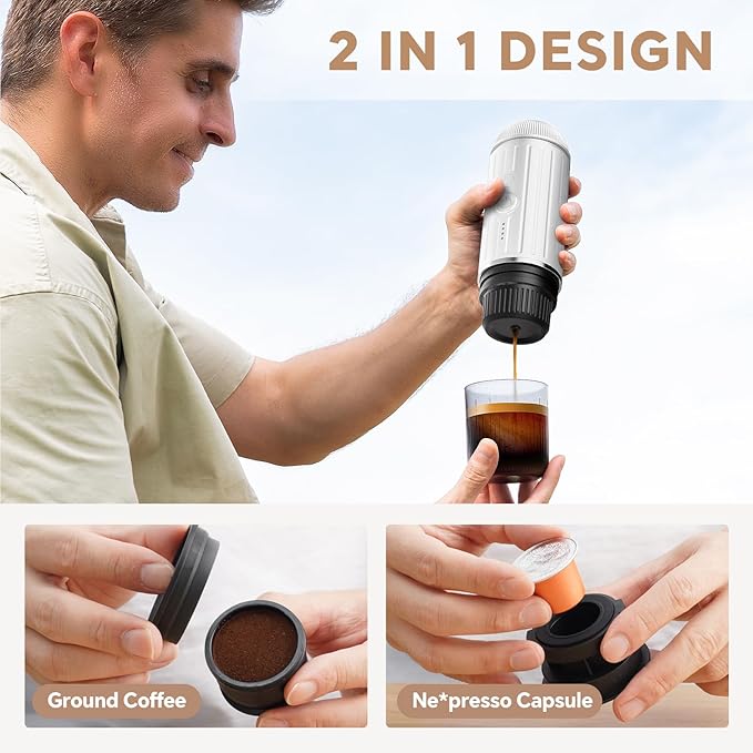 i Cafilas Portable Electric Espresso Coffee Maker, Fast self-heating 2 IN 1 Extraction System Espresso Machine, Support Ground Coffee and NS capsule, for Travel,Car,Hiking,Climbing,Rich Crema（White）