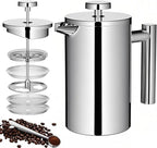 French Press Coffee Maker, 600ml/20oz Silver Stainless Steel Coffee Press, Double-Wall Insulated, Food Grade & Rust-Free, Included 2 Extra Filters, Dishwasher Safe