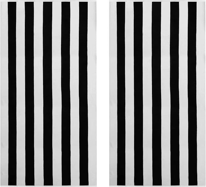 COTTON CRAFT Oversized Beach Towel - 2 Pack 35 x 70 inches XL Beach Towel - 100% Cotton Velour - Big & Huge - Thick Plush 450 GSM Super Soft Luxury Towel - Pool Picnic Bath - Cabana Stripe Black