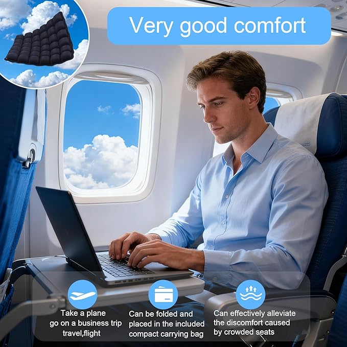 Portable Travel Airplane Seat Cushion, 3D Air Cell Tech with Built-in Pump, Adjustable Firmness Back & Tailbone Support, Ideal for Long Flights, Office, Car, Wheelchair,Great for Soccer Watching