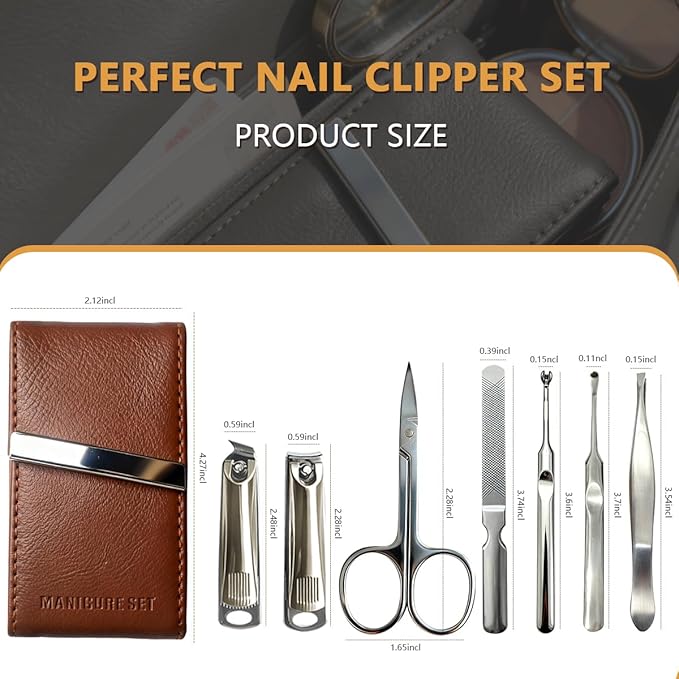 Nail Clippers Set 7 Pcs, Stainless Steel Toenail & Fingernail Clipper Set, Portable Travel Mens Nail Cutter, Manicure Grooming Kit for Men, Women, Gift Ideas (Brown)