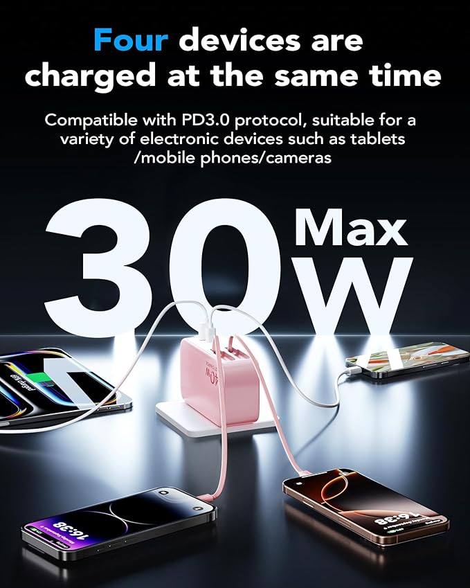 Retractable USB C Charger Wall Plug with 35.5in/90cm Type C Cables Cords,40W Fast Charging Foldable Block Multi Charger for All Devices for iPhone 17/16/15/14/13/12,iPad,Galaxy,Pixel
