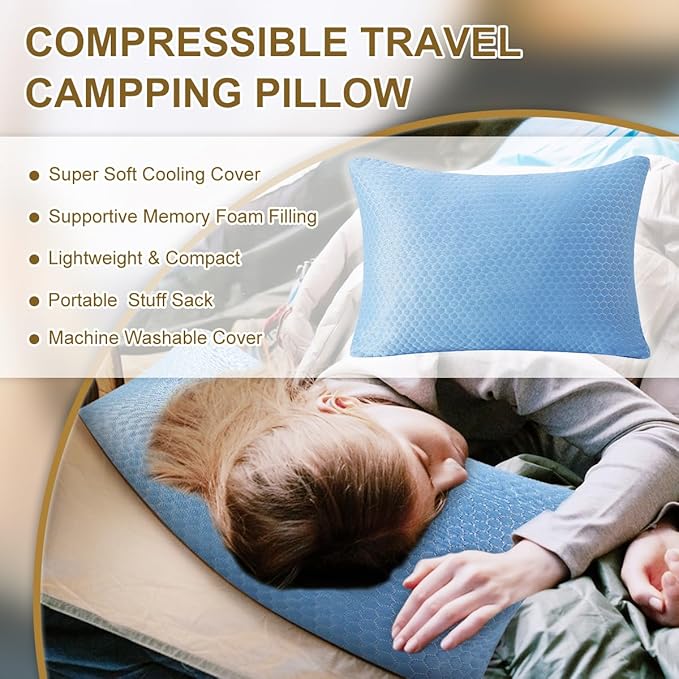 Ivellow Travel Pillow Camping Pillow for Sleeping Cooling Shredded Memory Foam Pillow Compressible Compact Medium Firm,Breathable,Ideal for Adults Kids Outdoor Backpacking Hiking Essential Gear Blue M