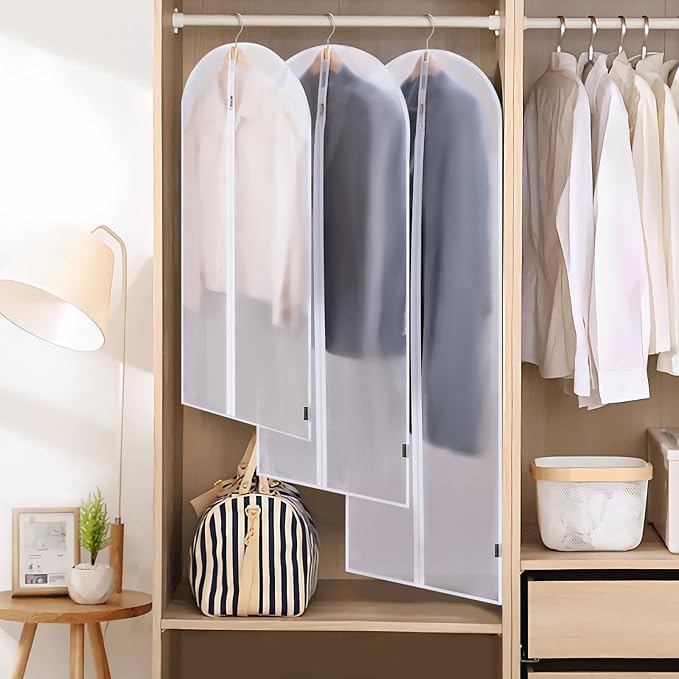 BALEINE 60'' Translucent Garment Bags, 12 Packs PEVA Dress Bag for Closet Clothes Dresses Suit Coats Storage (White, 12PK)