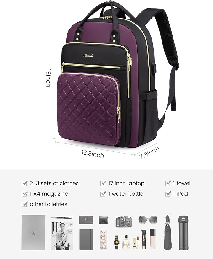 LOVEVOOK Laptop Backpack Purse for Women, 17" Laptop Bag with USB Port, Water Resistant Lightweight Daypacks for College Travel Work Business, Nurse Teacher Computer Bags, Purple Black