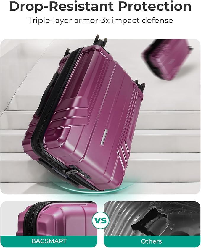 BAGSMART Expandable Carry On Luggage 22x14x9 Airline Approved, 20 Inch Travel Luggage with Spinner Wheels, Lightweight Hard Shell Suitcase Carry on Purplish Red