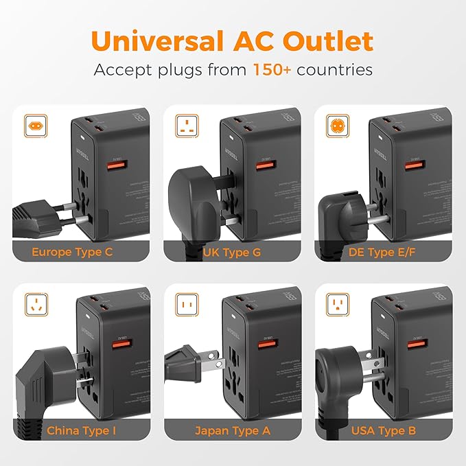 TESSAN Universal Travel Adapter, 65W International Power Adapter with 4 USB Charging Ports (2 USB C), Worldwide Plug Adaptor for US to Europe UK Italy Spain France Ireland Australia (Type C G A I)