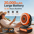 Rechargeable Camping Fan with Oscillating,【Max 60Hrs】Portable Battery Powered Operated Fan,20000mAh Outdoor Turbo Tent Fan & Light,Timer,Hook for Travel,Fishing,Jobsite,Beach,Indoor,Camping Essential