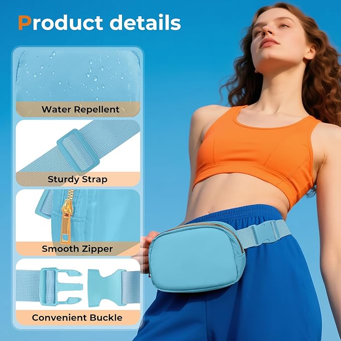 Belt Bag Zipper Fanny Pack Crossbody Bags for Women,Fashion Nylon Waist Packs, Water Repellent Two Way wear with Adjustable Strap Gifts for Teenage Girls Women Men (lake blue)