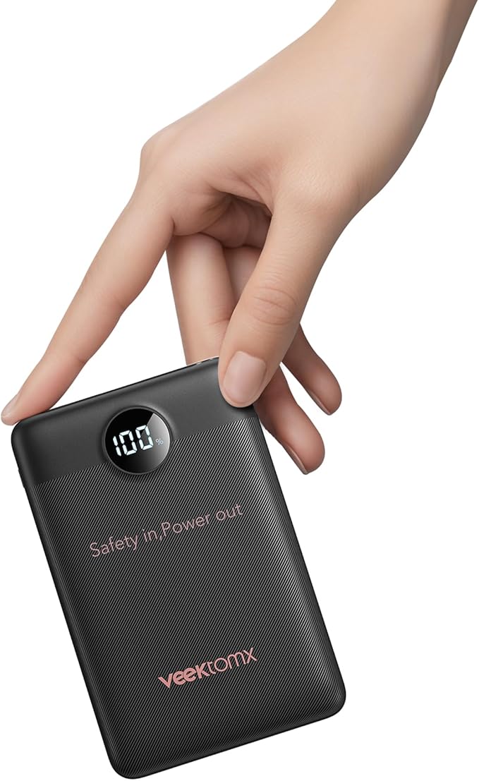 VEEKTOMX Small Portable Charger 10000mAh, Mini Power Bank 22.5W Fast Charging, Slim & Lightweight Travel Essentials, 3-Output External USB C Battery Pack Compatible with iPhone 17 16 15 (Dark Black)