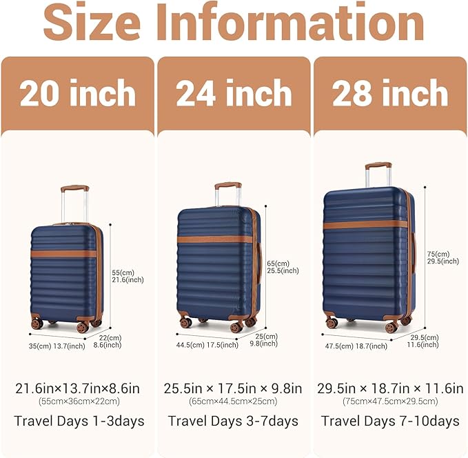 Kono Luggage Set 3 Pieces Expandable PC ABS Durable Suitcase Hardside with Double Spinner Wheels Tsa Lock Navy(20in/24in/28in)