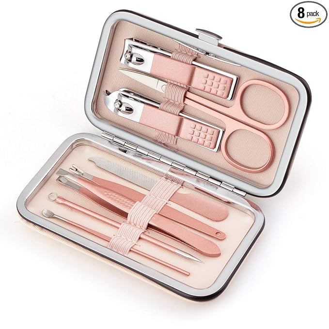 Manicure Set, 8 In 1 Stainless Steel Professional Pedicure Kit Nail Scissors Grooming Kit with Pink Leather Travel Case Pink