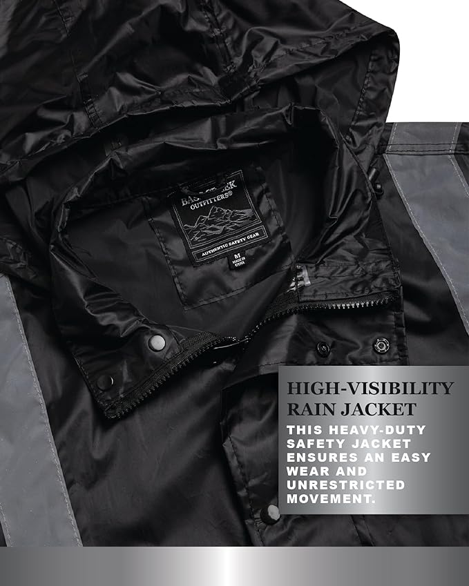 Bass Creek Outfitters Mens Rain Jacket - Waterproof Hooded High Visibility Safety Coat with Reflective Strips